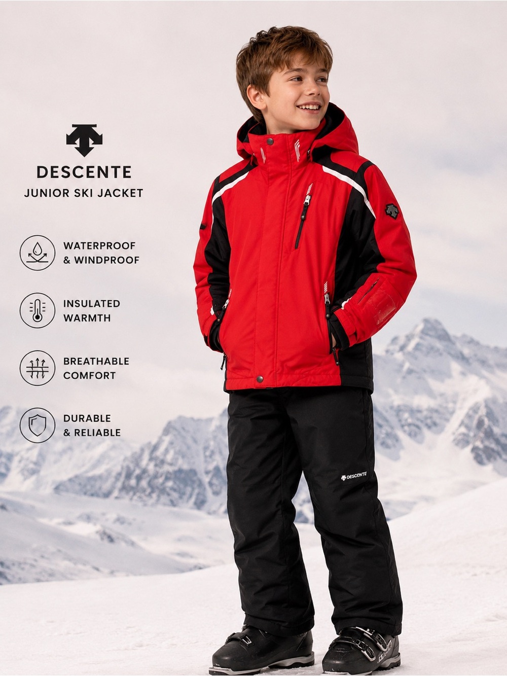 Descente Boys Red Black Ski Jacket Waterproof Hooded Youth 10-12